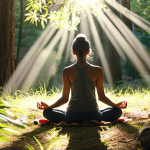 **A person meditating peacefully in a serene natural setting, sunlight filtering through the trees, illustrating mindfulness and inner peace.** (Focus: Meditation, nature, serenity)