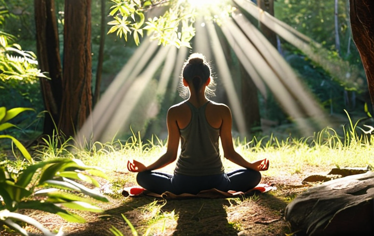 **A person meditating peacefully in a serene natural setting, sunlight filtering through the trees, illustrating mindfulness and inner peace.** (Focus: Meditation, nature, serenity)