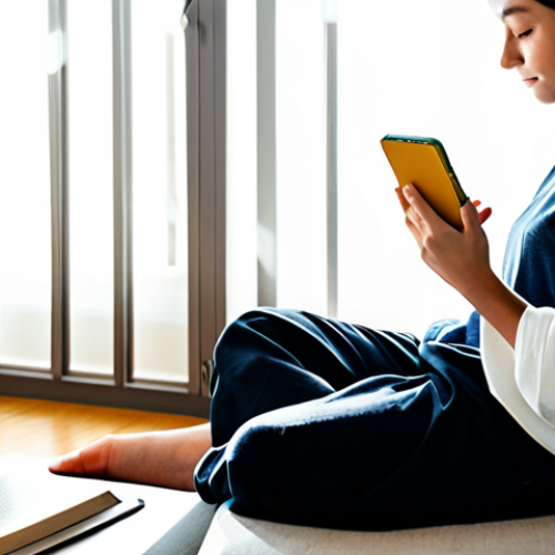 A serene individual, gender-neutral, in modest, comfortable clothing, sitting quietly in a modern, minimalistic living room. Sunlight streams through a large window, illuminating a paperback book held gently in their hands. A smartphone is placed face down on a nearby side table, emphasizing a digital detox. The atmosphere is calm and reflective, promoting inner peace. Perfect anatomy, correct proportions, natural pose, well-formed hands, proper finger count, natural body proportions. Professional photography, soft ambient lighting, high-resolution, safe for work, appropriate content, fully clothed, family-friendly.