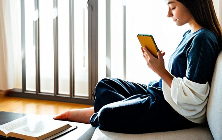 A serene individual, gender-neutral, in modest, comfortable clothing, sitting quietly in a modern, minimalistic living room. Sunlight streams through a large window, illuminating a paperback book held gently in their hands. A smartphone is placed face down on a nearby side table, emphasizing a digital detox. The atmosphere is calm and reflective, promoting inner peace. Perfect anatomy, correct proportions, natural pose, well-formed hands, proper finger count, natural body proportions. Professional photography, soft ambient lighting, high-resolution, safe for work, appropriate content, fully clothed, family-friendly.